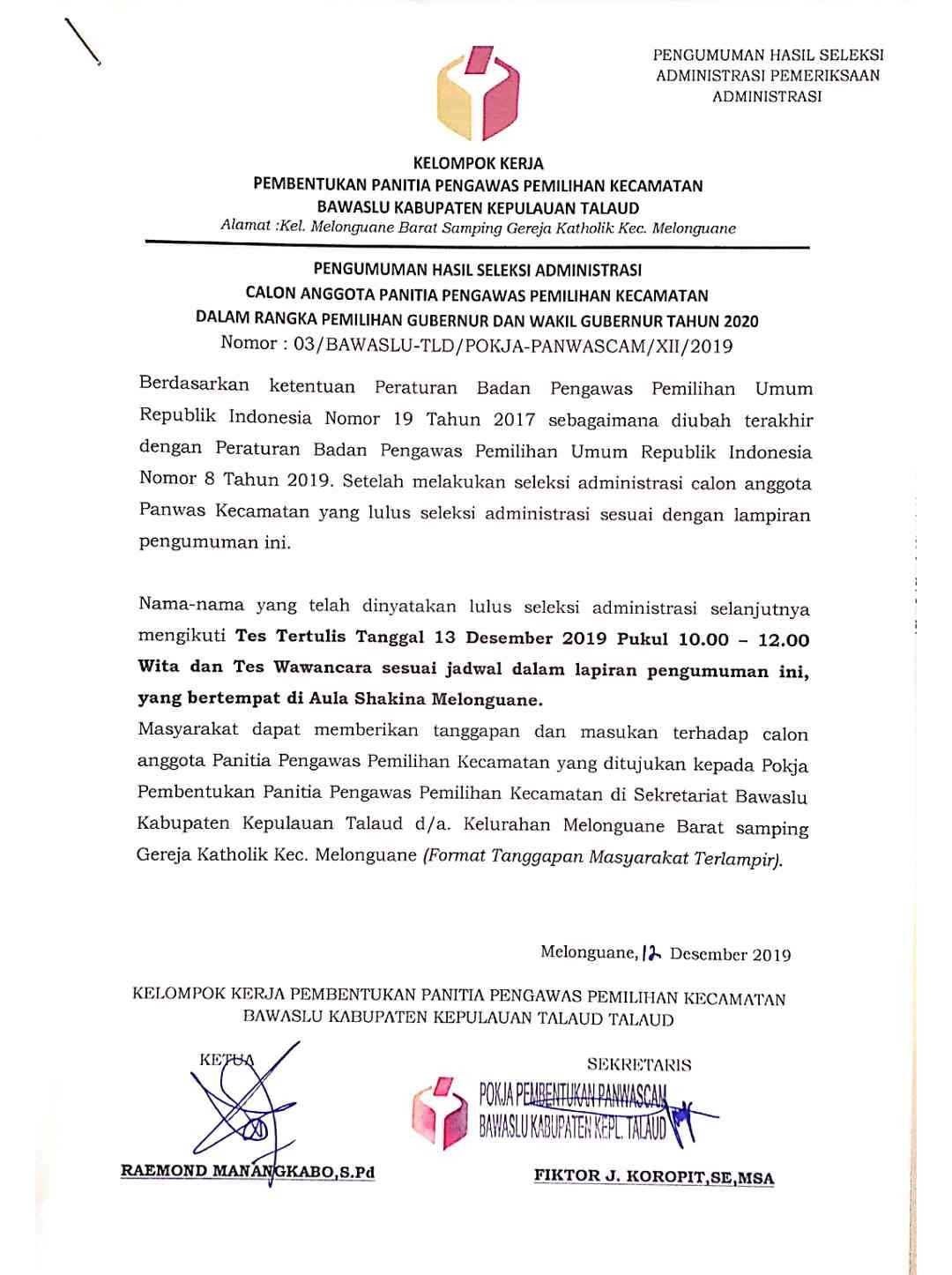 PENGUMUMAN KELULUSAN SELEKSI ADMINISTRASI PANWASCAM PILGUB 2020