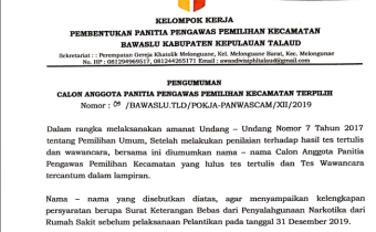 PENGUGUMAN CALON ANGGOTA PANITIA PENGAWAS PEMILIHAN KECAMATAN TERPILIH