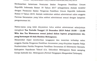 PENGUMUMAN KELULUSAN SELEKSI ADMINISTRASI PANWASCAM PILGUB 2020